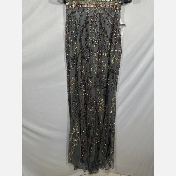 NWT $698 Mac Duggal [‎ 8 ] Cape Sleeve Embellished Gown in Charcoal Multi Gold - Picture 6 of 15